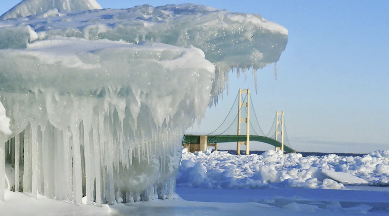 Fantastic ice formations by the Mackinac Bridge