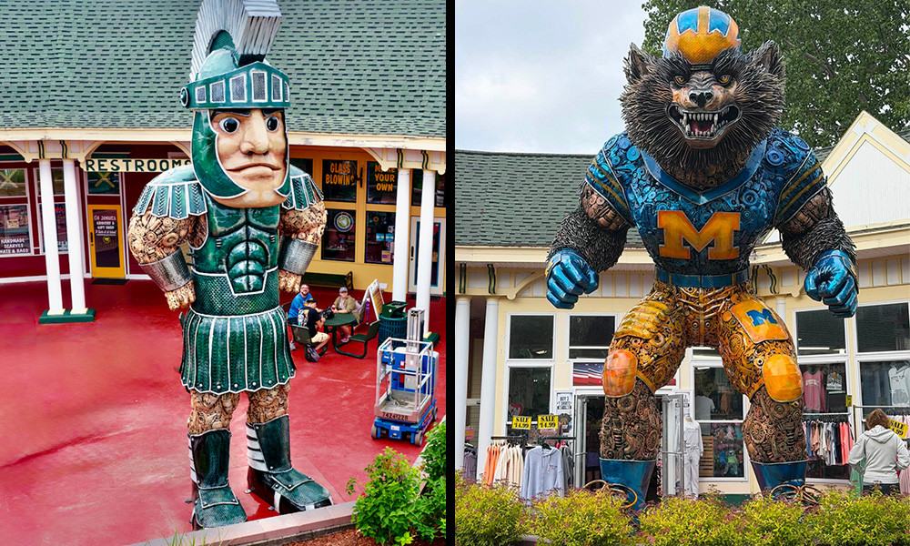 Take a photo next to the Giants of Mackinaw Crossings